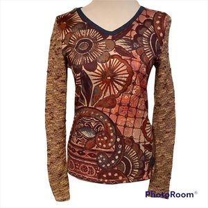 SMASH! NEW TOP TEE LONG SLEEVE GASELA PURPLE TAN MULTI COLOR FLORAL SIZE S NWT
